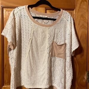 Oli & Hali Cream Eyelet Short Sleeve Top with Tan Trim